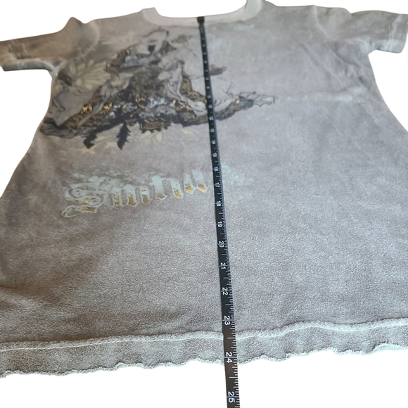 Sinful by Affliction Women’s Graphic Tee Gray Gold Foil Buckle Shirt Medium - Picture 7 of 8